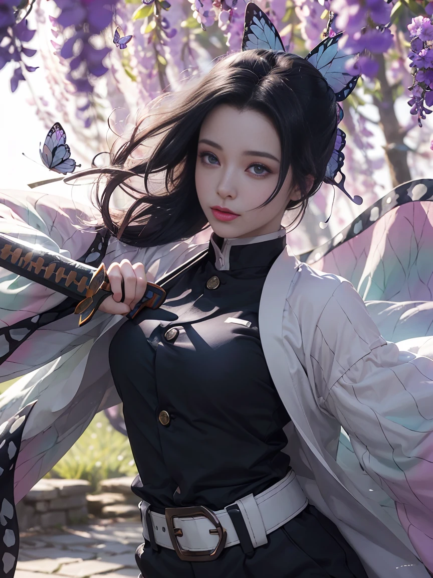 Ultra-realistic 8K CG, masterpiece, close, (Dynamic pose: 1.3), beauty, goddess, from the front, from the front, face sticking out, (Highly detailed background, Delicate pattern, Intricate details)), high quality, highly detailed face, Highly detailed eyes and face, Highly detailed eyes, Shinobi Kocho, Colorful Hair, No bangs, Hair Intake, Purple eyes, amount, Black Shirt, Black trousers, (Haori, butterfly: 1.3, button, belt), (garden: 1.2), Purple Flower, Redcliffe, cloudy null, sunlight, Tyndall effect, slope_null, face, gorgeous null, sword on waist,