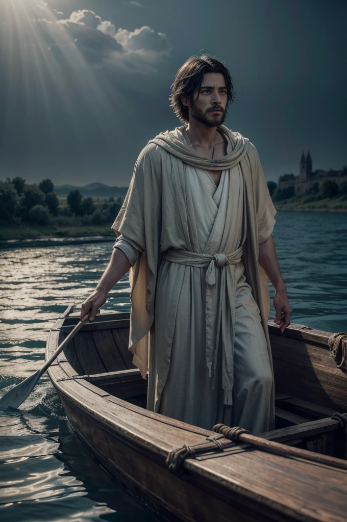 a winged ferryman charon in beautiful robes, sailing his boat full of people across a river, observing two men on the riverbank, (best quality,4k,8k,highres,masterpiece:1.2),ultra-detailed,(realistic,photorealistic,photo-realistic:1.37),intricate details,dramatic lighting,muted color palette,classical painting style