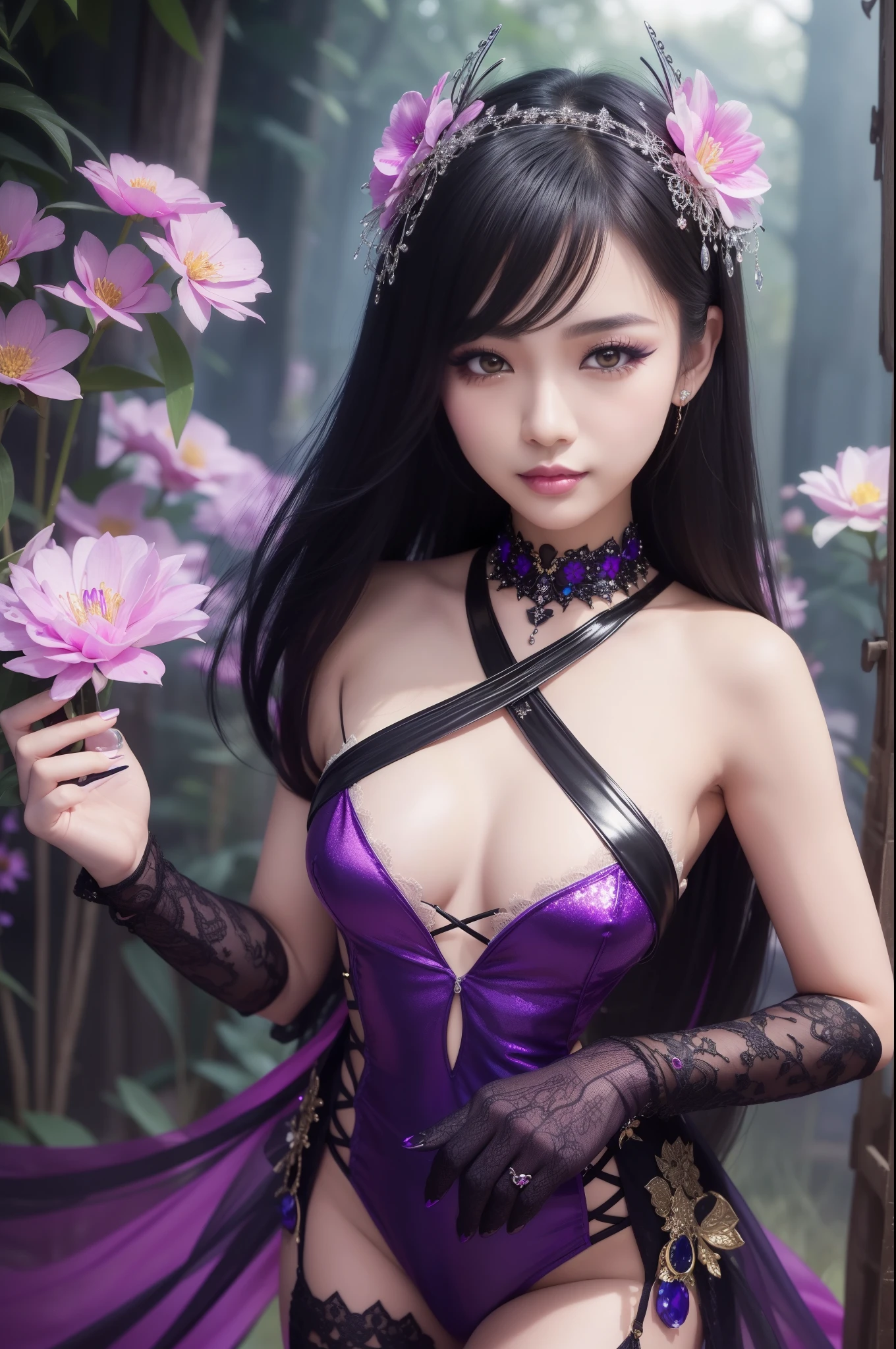 sexy Thai model who controls poison、beautiful smile、lipgloss、long lashes、eyeliner、gothic makeup、defined eyebrows、look at the camera、full body Esbian、、sparkling poisoned enchanted flower costume、、、、shiny sparkling colorful short hair、secrete poison、skull hair accessories、detailed tights、shiny sparkling dark magic forest background