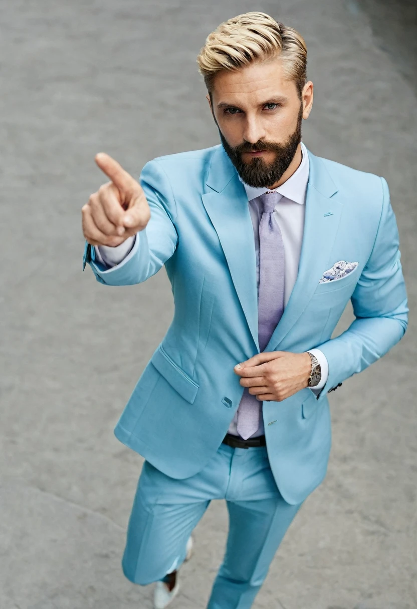 ((best qualityer)), 1 Men, short beard, slightly blonde hair, wearing light blue suit, half of the body seen from above, he is pointing the finger
