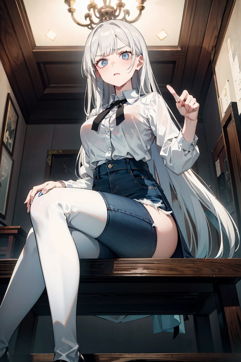 (masterpiece, Best quality, absurd), 1 girl, white hair, long hair, straight hair, blunt bangs, light blue eyes, big breasts, aesthetic waist, pale skin, white shirt, short jeans, black stockings and black heels, face angry face, beautiful, full length, masterpiece, in an abandoned dark building, at night, pointing finger at me, sitting on a wooden platform, ruka, view from below, threatening
