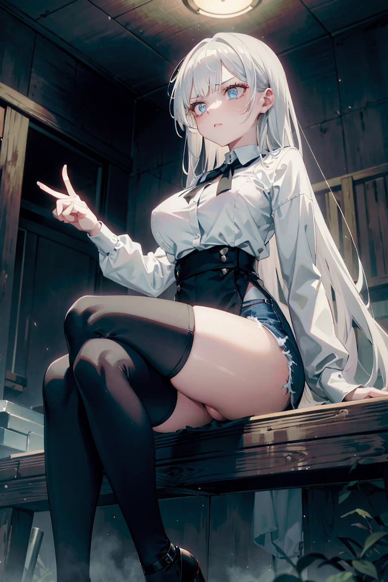 (masterpiece, Best quality, absurd), 1 girl, white hair, long hair, straight hair, blunt bangs, light blue eyes, big breasts, aesthetic waist, pale skin, white shirt, short jeans, black stockings and black heels, face angry face, beautiful, full length, masterpiece, in an abandoned dark building, at night, pointing finger at me, sitting on a wooden platform, ruka, view from below, threatening
