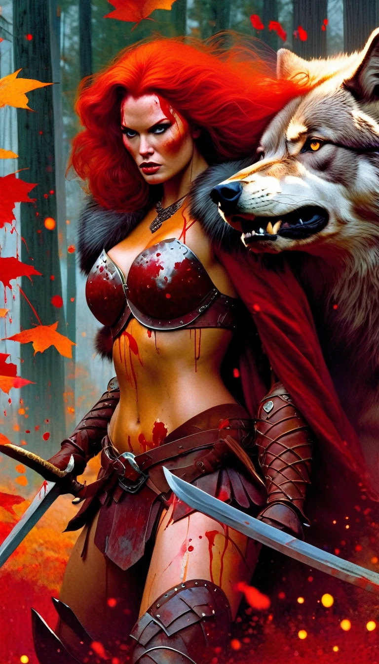 A fierce redhead warrior, Red Sonja, with her companion, a huge giant wolf in a closed forest landscape, autumn, blood stains (best quality, 4k, 8k, high resolution, masterpiece: 1.2), ultra detailed, vivid colors . bokeh, portraits, concept art, dramatic lighting, art inspired by Bill Sienkiewicz
