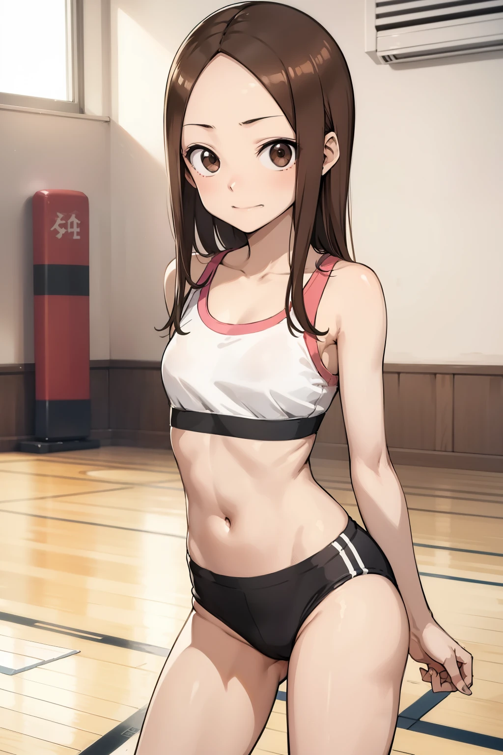 Takagi-san,  young girl, toned body, sports bra, flat chest, smug riso , sexy  blomer , gym .  Long socks ,standing. 