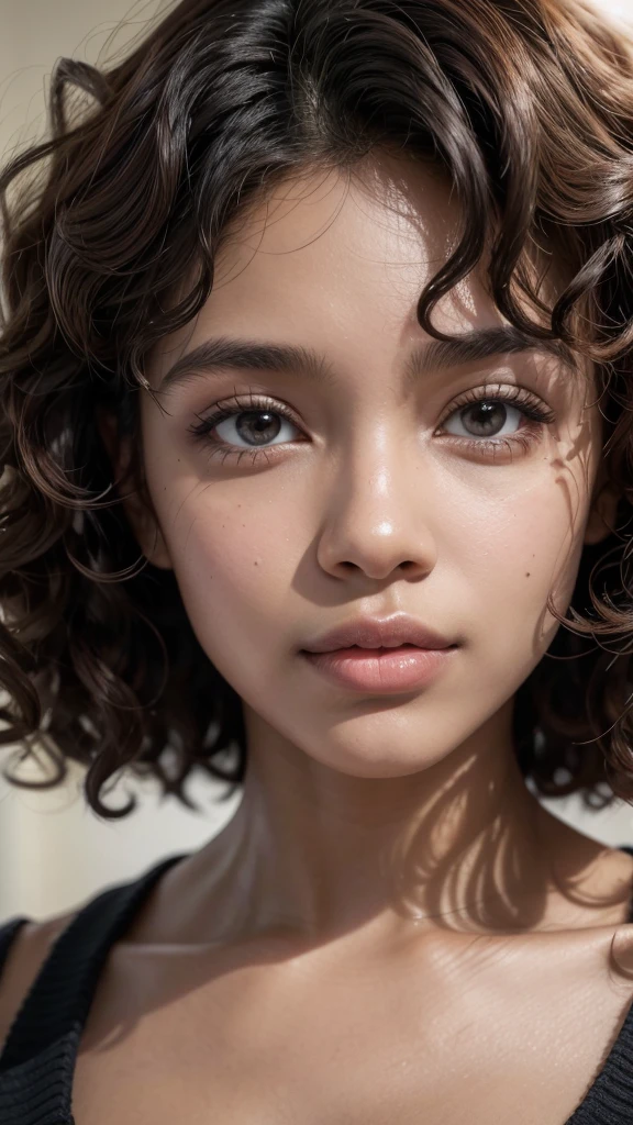 black female, brown skin, curly hair, portrait, close up