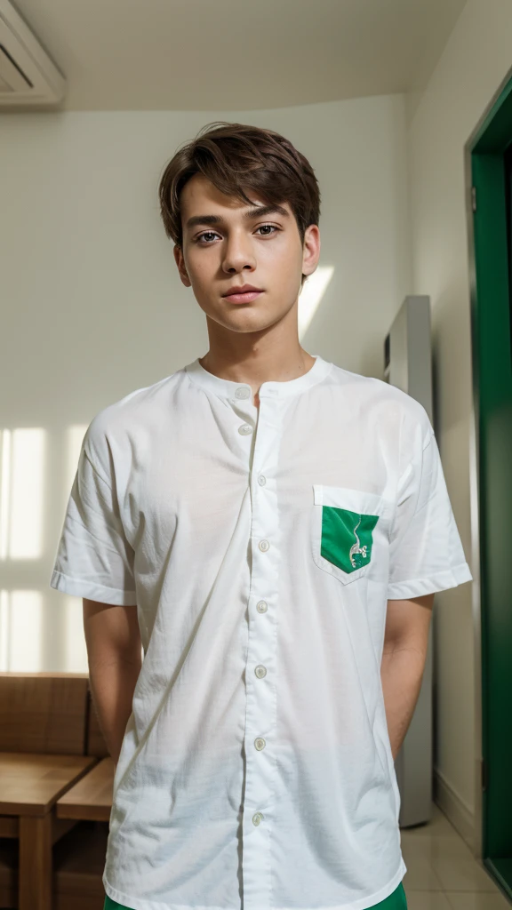 (masterpiece, best quality), ( ultra detail),,(nice pose) 1boy, Talk, Indoor , ,,White shirt,,In room ,,
portrait , green eye color, white background