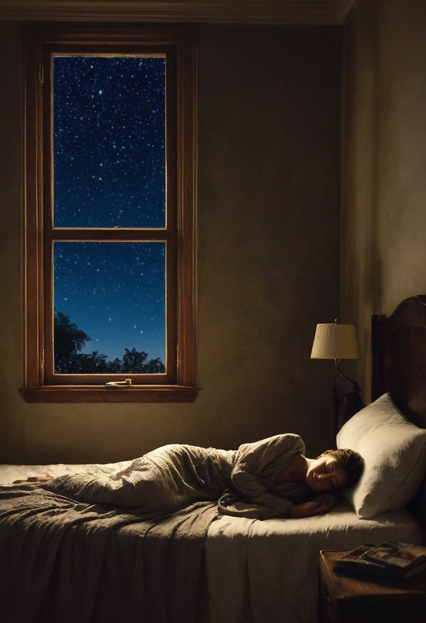 Imagine a soft, soothing illustration of a Beautiful girl was sleeping on a comfortable bed, eyes closed, black pajamas. The room is plunged into darkness, except for soft light emanating from a bedside lamp near the bed, qui jette une lueur chaleureuse sur son visage paisible. Through the half-open window, The Starry Night Stretches Out, full moon, creating a magical contrast between the peaceful interior and the mysterious outside world. Light curtains move slightly with the night breeze, adding a touch of movement to this tranquil scene.