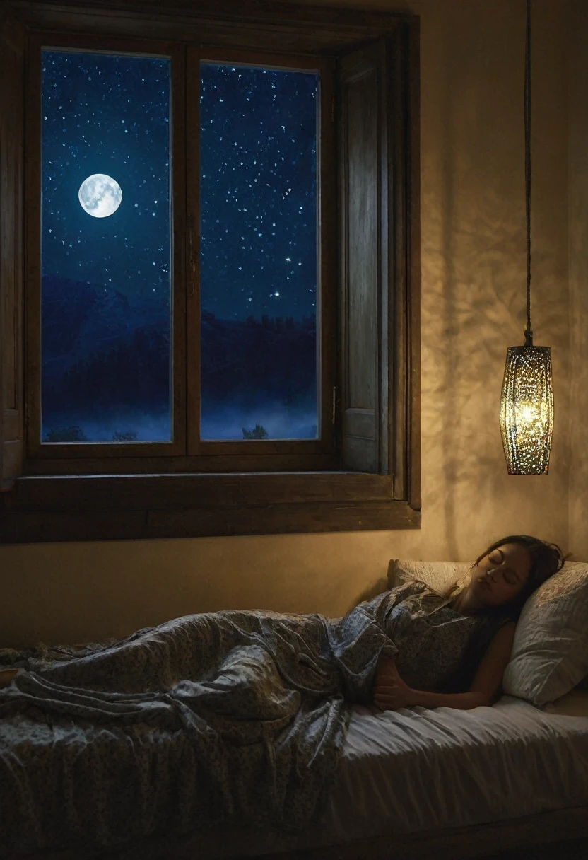 Imagine a soft, soothing illustration of a Beautiful girl was sleeping on a comfortable bed, eyes closed, black pajamas. The room is plunged into darkness, except for soft light emanating from a bedside lamp near the bed, qui jette une lueur chaleureuse sur son visage paisible. Through the half-open window, The Starry Night Stretches Out, full moon, creating a magical contrast between the peaceful interior and the mysterious outside world. Light curtains move slightly with the night breeze, adding a touch of movement to this tranquil scene.