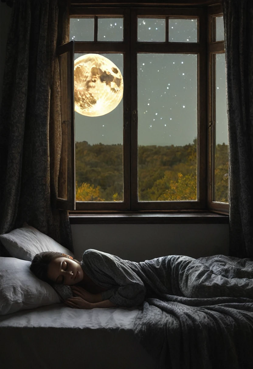 Imagine a soft, soothing illustration of a Beautiful girl was sleeping on a comfortable bed, eyes closed, black pajamas. The room is plunged into darkness, except for soft light emanating from a bedside lamp near the bed, qui jette une lueur chaleureuse sur son visage paisible. Through the half-open window, The Starry Night Stretches Out, full moon, creating a magical contrast between the peaceful interior and the mysterious outside world. Light curtains move slightly with the night breeze, adding a touch of movement to this tranquil scene.