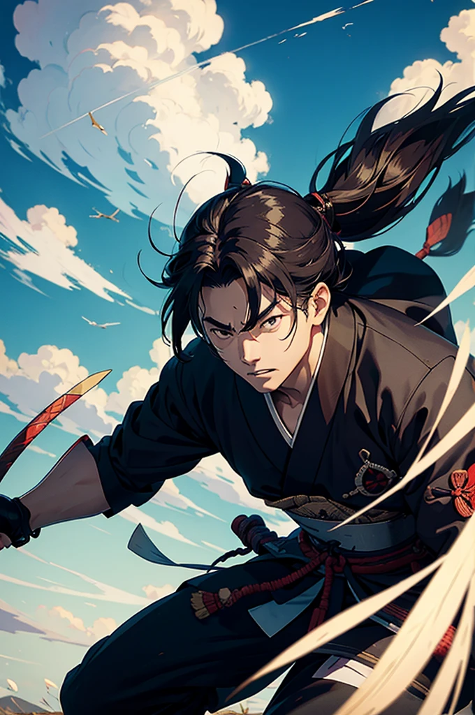 a samurai man with the power of the wind flies 