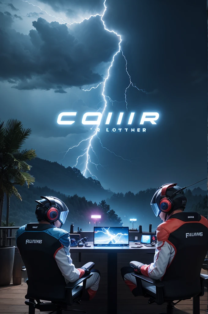 4 player gamer with lightning background 