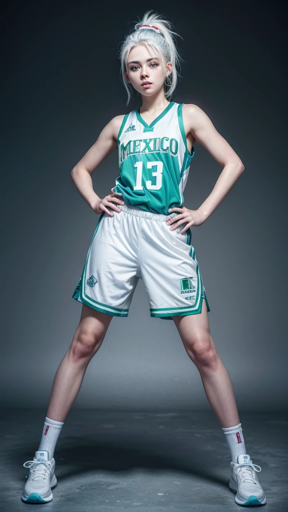 Female ager with white hair up blue eyes and white skin wearing MEXICO NBA uniform full body