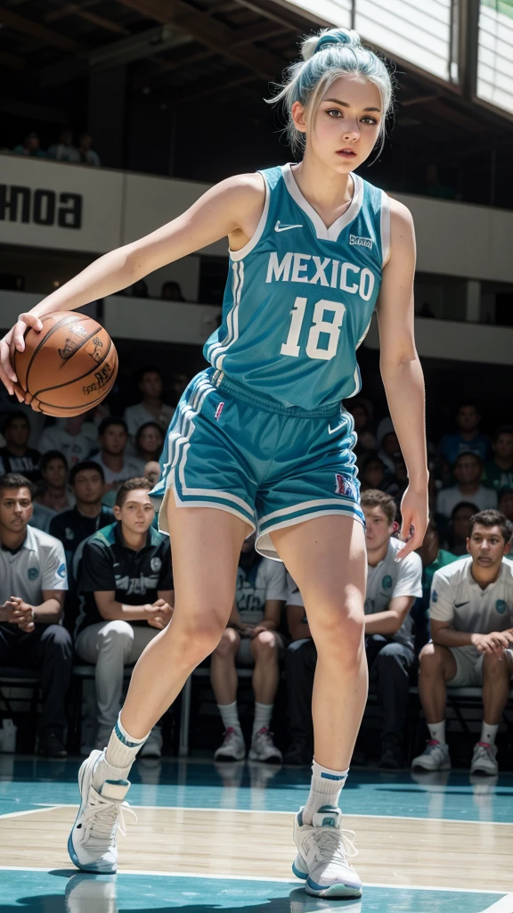 Female ager with white hair up blue eyes and white skin wearing MEXICO NBA uniform full body