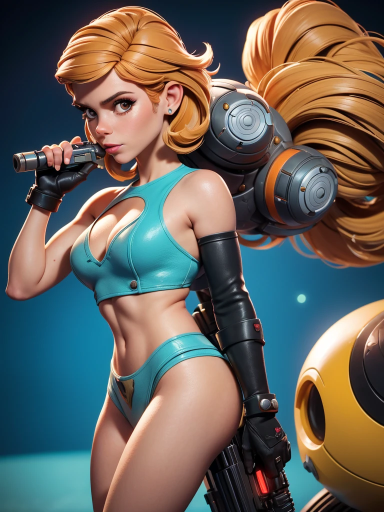 A cute woman (Kate Mara, age 25, in costume as Barbarella) is wandering through a 50's retro scifi alien world with laser pistol in hand, amazing natives with her beauty or zapping man eating menaces