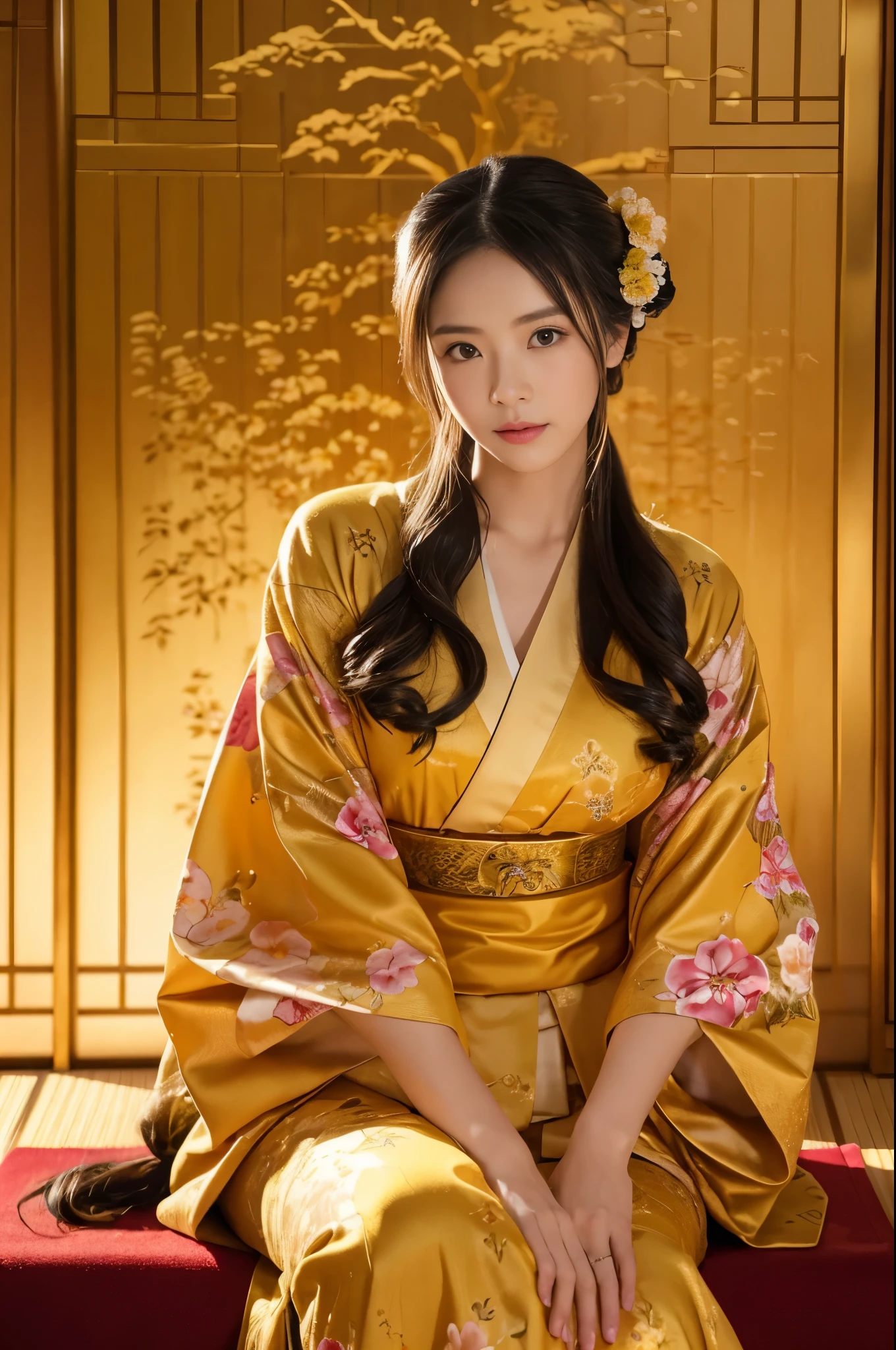 大きい胸、 kimono、Cinematic atmosphere、Professional composition、Natural Body、fantasy,sitting in front of a golden screen、flower arrangement、tatami、looking at the camera、real