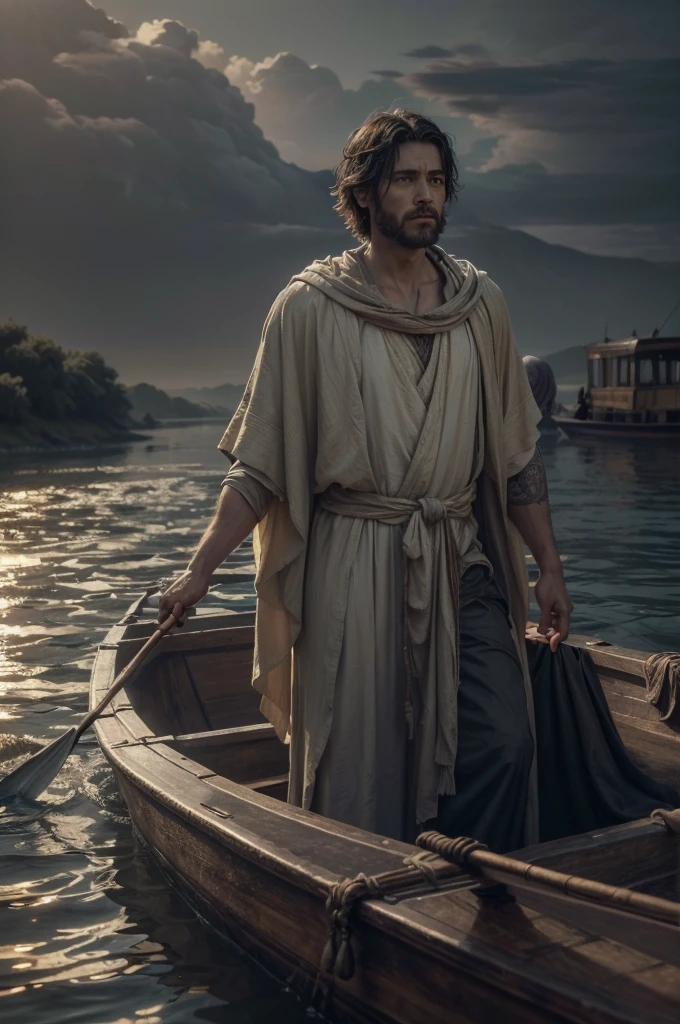 a winged ferryman charon in beautiful robes, sailing his boat full of people across a river, observing two men on the riverbank, (best quality,4k,8k,highres,masterpiece:1.2),ultra-detailed,(realistic,photorealistic,photo-realistic:1.37),intricate details,dramatic lighting,muted color palette,classical painting style