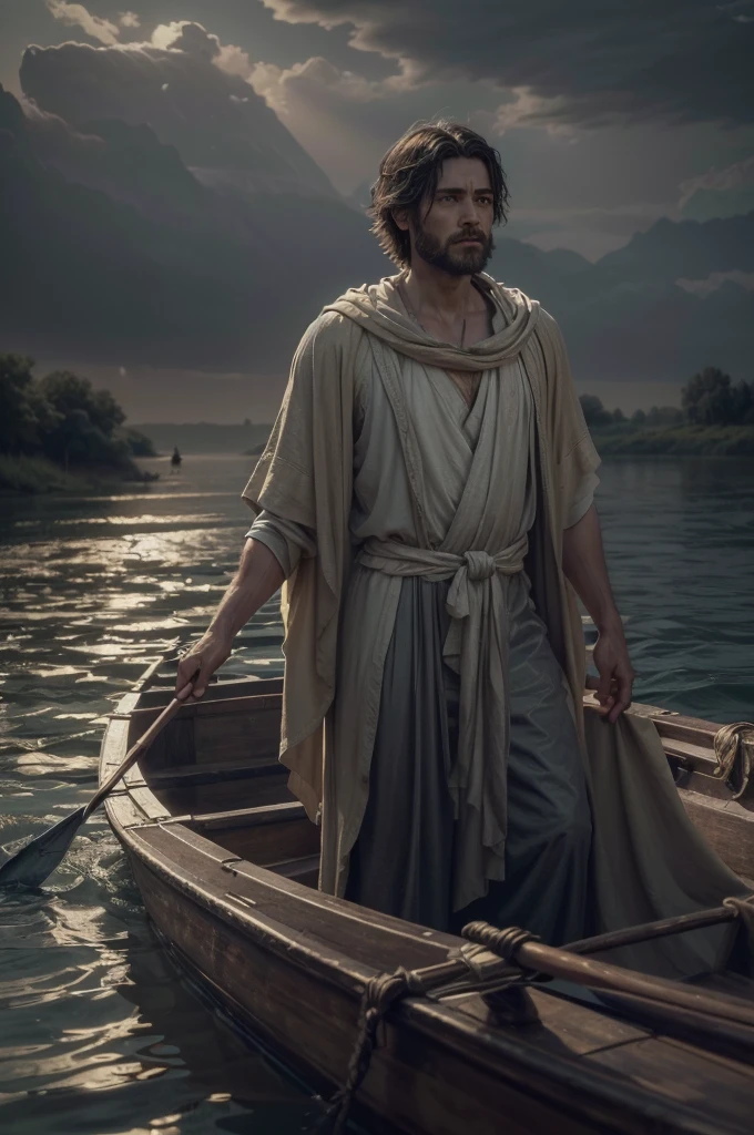 a winged ferryman charon in beautiful robes, sailing his boat full of people across a river, observing two men on the riverbank, (best quality,4k,8k,highres,masterpiece:1.2),ultra-detailed,(realistic,photorealistic,photo-realistic:1.37),intricate details,dramatic lighting,muted color palette,classical painting style