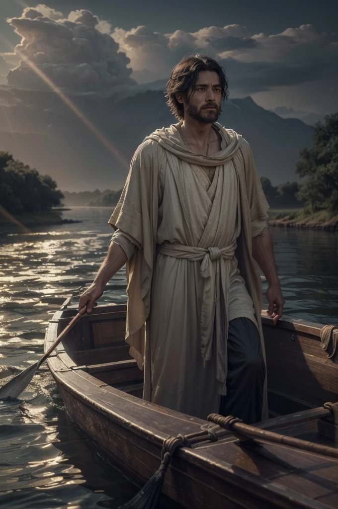 a winged ferryman charon in beautiful , sailing his boat full of people across a river, observing two men on the riverbank, (best quality,4k,8k,highres,masterpiece:1.2),ultra-detailed,(realistic,photorealistic,photo-realistic:1.37),intricate details,dramatic lighting,muted color palette,classical painting style
