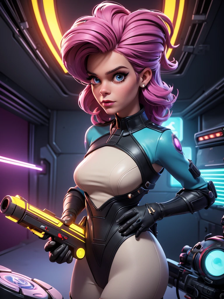 A cute woman (Kate Mara, age 25, in costume as Barbarella), beautiful detailed eyes, beautiful detailed lips, extremely detailed eyes and face, long eyelashes, wandering through a 50's retro sci-fi alien world, laser pistol in hand, amazing natives with her beauty, zapping man-eating menaces, vibrant colors, neon lights, futuristic architecture, dramatic lighting, cinematic composition, masterpiece, best quality, 8k, photorealistic, hyper detailed, professional digital art