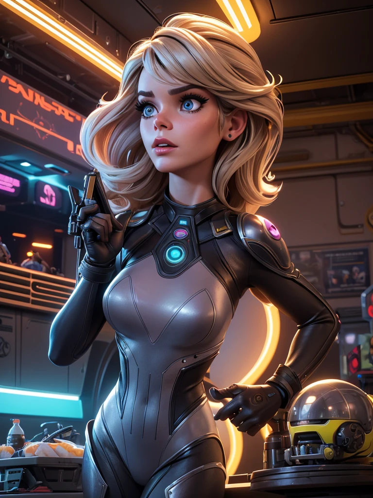 A cute woman (Kate Mara, age 25, in costume as Barbarella), beautiful detailed eyes, beautiful detailed lips, extremely detailed eyes and face, long eyelashes, wandering through a 50's retro sci-fi alien world, laser pistol in hand, amazing natives with her beauty, zapping man-eating menaces, vibrant colors, neon lights, futuristic architecture, dramatic lighting, cinematic composition, masterpiece, best quality, 8k, photorealistic, hyper detailed, professional digital art