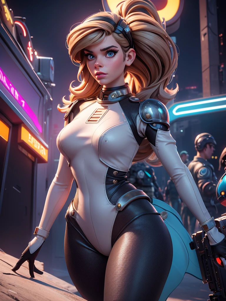 A cute woman (Kate Mara, age 25, in costume as Barbarella), beautiful detailed eyes, beautiful detailed lips, extremely detailed eyes and face, long eyelashes, wandering through a 50's retro sci-fi alien world, laser pistol in hand, amazing natives with her beauty, zapping man-eating menaces, vibrant colors, neon lights, futuristic architecture, dramatic lighting, cinematic composition, masterpiece, best quality, 8k, photorealistic, hyper detailed, professional digital art
