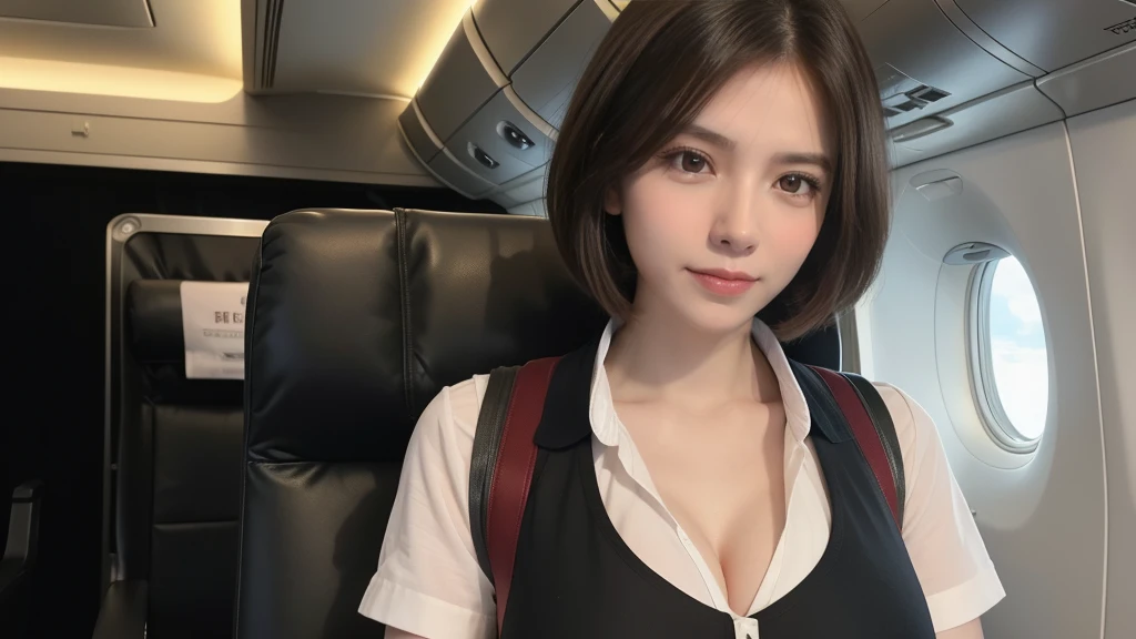 ((masterpiece, Highest quality)), Cleavageの綺麗な美しい女性 :1.55, Cleavage:1.55,(brown〜Black Hair, Bob Hairstyle, Square face), (Big Breasts:1.5), (Natural Skin), foot, (Super short airline stewardess uniform:1.3), (Seductive look:1.2), Airplane cabin background, (超High resolution, 8k wallpaper, High resolution), Cinema Lighting, Physically Based Rendering, Award-winning, Highly detailed skin, Highly detailed face, High Detail Eyes, Carl Zeiss 85mm f/1.4, By Ellen von Unwerth