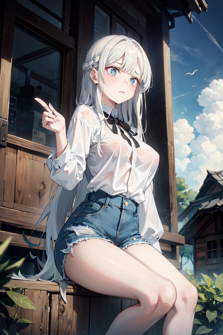 (masterpiece, Best quality, absurd), 1 girl, white hair, long hair, straight hair, blunt bangs, light blue eyes, big breasts, aesthetic waist, pale skin, white shirt, short jeans, black stockings and black heels, face angry face, beautiful, full length, masterpiece, in an abandoned dark building, at night, pointing finger at me, sitting on a wooden platform, ruka, view from below, threatening
