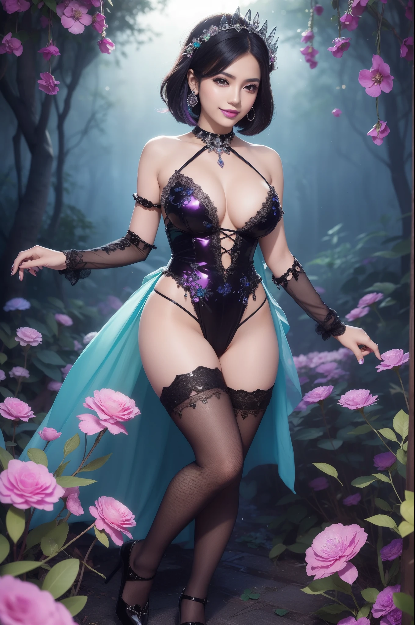 sexy Mexican model who controls poison、beautiful smile、lipgloss、dramatic makeup、look at the camera、full body Esbian、、sparkling poisoned enchanted flower costume、、、、shiny sparkling colorful short hair、secrete poison、skull hair accessories、detailed tights、shiny sparkling dark magic forest background