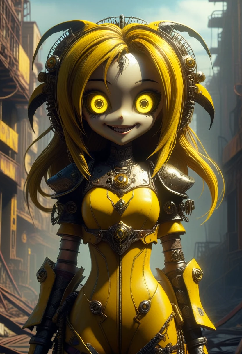 Tv on, sunshine yellow, grainy. creepypasta is a scary entity in the form of a woman with very big eyes and a scary smile...in the style of elson peter, diego dyer, peter mohrbacher, karol bak.focus on 1 full body frame. focus on 32k hyper hd, masterpiece, best quality, ultra detail 1.6 solo, 1 female entity imbued with the essence of cypherpunk aesthetics. post-apocalyptic wasteland.