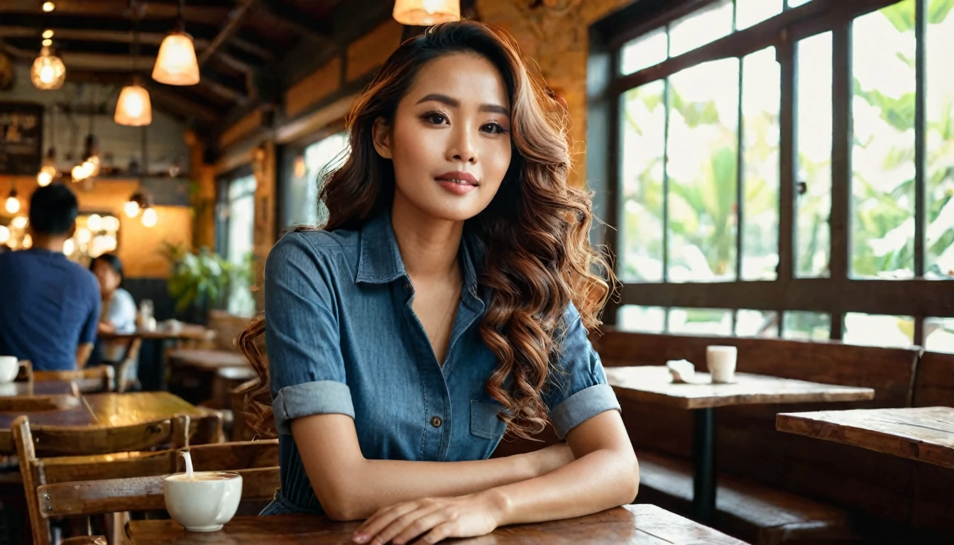 Create an image of a beautiful woman with long, wavy hair, wearing a stylish dress, as she enters a cozy, warmly lit café. Adul, an Indonesian man with a shaved head, slightly brownish skin, 30 years old, in a blue shirt and jeans, is sitting at a table. He looks up, captivated, watching her from a distance. The café has a rustic charm with wooden tables, dim lights, and a welcoming atmosphere. (8K, realistic, hyper focus, hyper details, full shot)