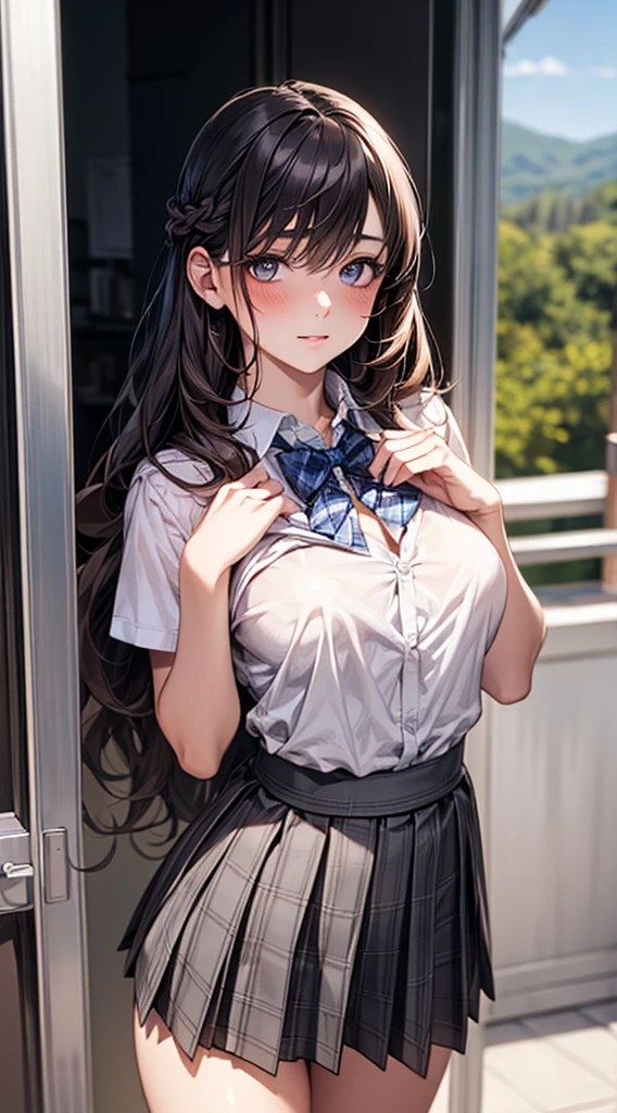 (masterpiece:1.2, top-quality), (realistic, photorealistic:1.4), beautiful illustration,
looking at viewer, full body, front view:0.6,
1 girl, japanese, high school girl, (long hair:1.5), blown hair, (half up, half updo), bangs, hair between eye, large breasts:0.8,
beautiful hair, beautiful face, beautiful detailed eyes, beautiful clavicle, beautiful body, beautiful chest, beautiful thigh, beautiful legs, beautiful fingers,
(beautiful scenery), , school,
((collared short sleeve shirt, white shirt, , grey plaid pleated skirt, blue plaid bow tie)), white panties,
(standing, , lift up skirt, grab the hem of the skirt, hands on chest, hand between legs),
blush, ,