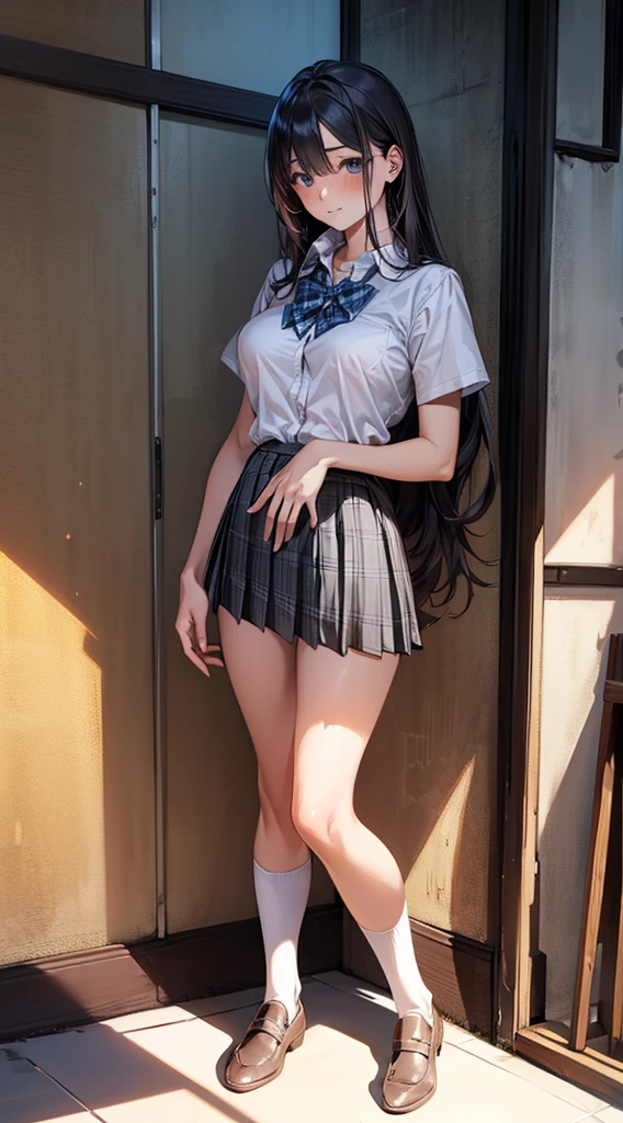 (masterpiece:1.2, top-quality), (realistic, photorealistic:1.4), beautiful illustration, 
looking at viewer, full body, front view:0.6, 
1 girl, japanese, high school girl, (long hair:1.5), blown hair, (half up, half updo), bangs, hair between eye, large breasts:0.8, 
beautiful hair, beautiful face, beautiful detailed eyes, beautiful clavicle, beautiful body, beautiful chest, beautiful thigh, beautiful legs, beautiful fingers, 
(beautiful scenery), , school,
((collared short sleeve shirt, white shirt, , grey plaid pleated skirt, blue plaid bow tie)), white panties, 
(standing, , lift up skirt, grab the hem of the skirt, hands on chest, hand between legs), 
blush, ,