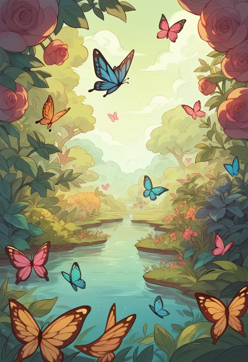 Garden with butterflies flying universe