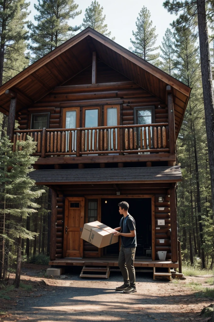 A young man bringing boxes to his cabin in the woods 