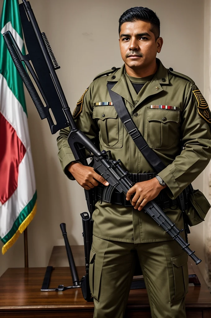 Mexican soldier being a lawyer with his weapons 