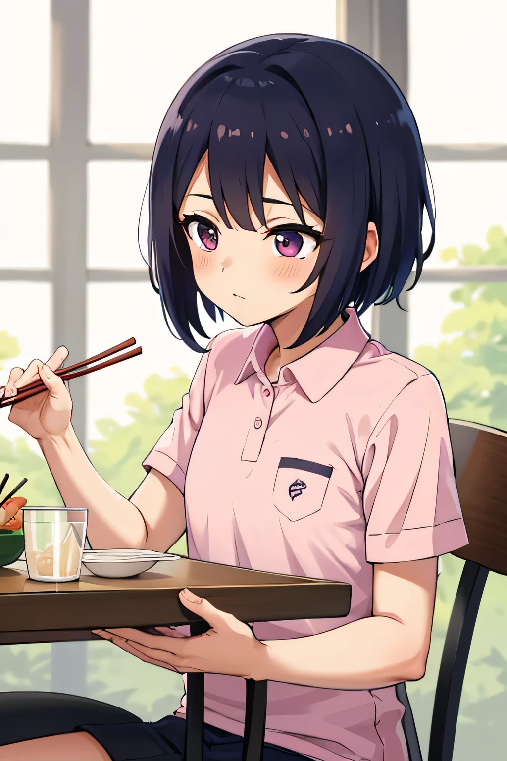 Highest quality, High resolution, 1.female, bento cute pink polo shirt  short hair, Black Hair, table chair, Sitting,  Focus on the chest Perfect pair of chopsticks Semen in bento Male genitals