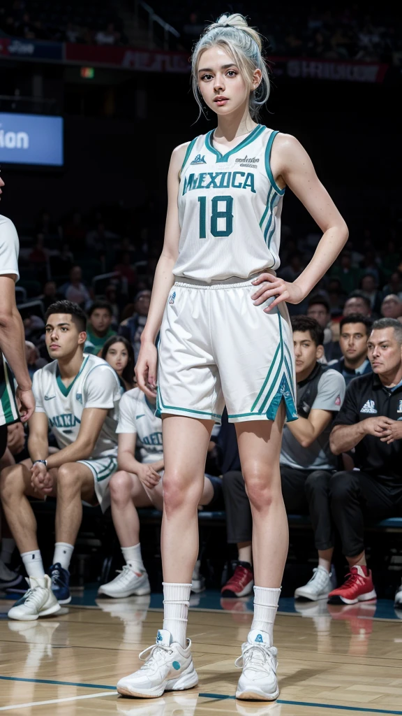 Female teenager with white hair up blue eyes and white skin wearing MEXICO NBA uniform black full body