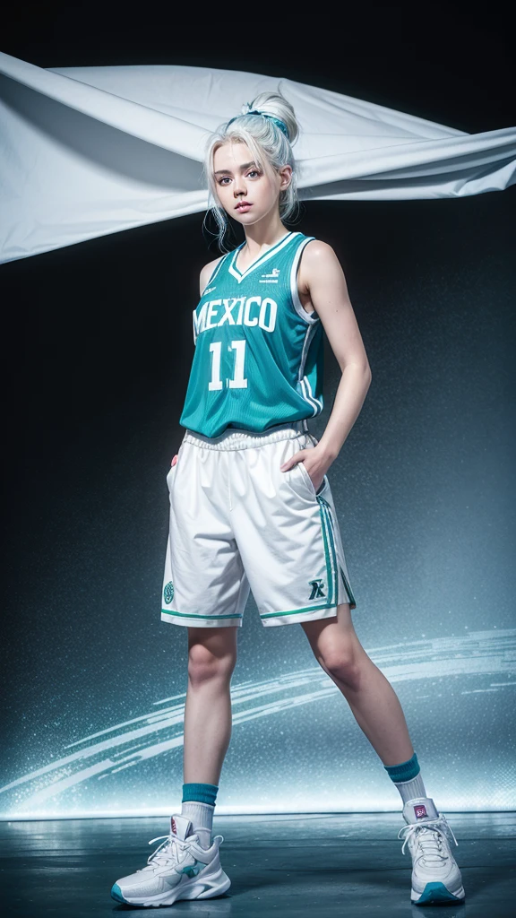 Female teenager with white hair up blue eyes and white skin wearing MEXICO NBA uniform black full body