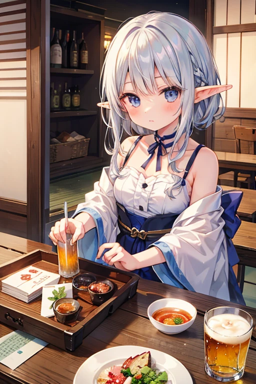 Elf、sake、girl、Silver Hair、10 years old、Beer