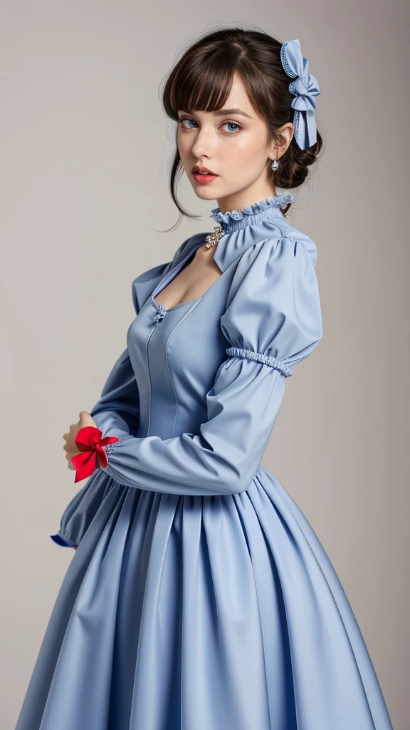 ((masterpiece), (Realistic), highest quality:1, High resolution, 4K, super High resolution), One girl, dress, view your viewers, lanthanum, long sleeve, red dress, candy, bangs, alone, Puffy sleeves, blue eyes, black bow, Gray Hair, bow, short hair, jewelry, Juliet Sleeve, Lollipop, blush, Mouth closed, hair bow