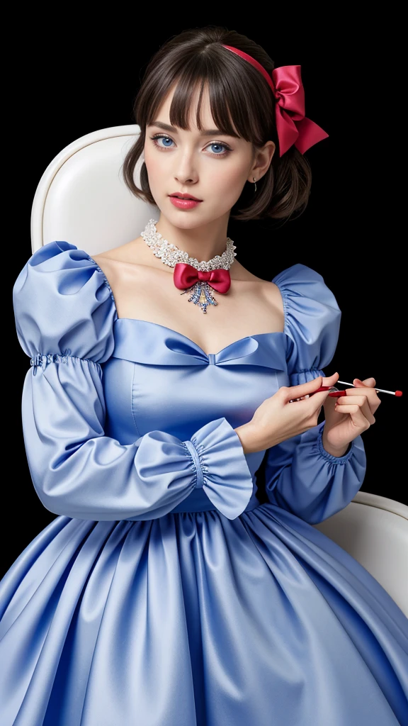 ((masterpiece), (Realistic), highest quality:1, High resolution, 4K, super High resolution), One girl, dress, view your viewers, lanthanum, long sleeve, red dress, candy, bangs, alone, Puffy sleeves, blue eyes, black bow, Gray Hair, bow, short hair, jewelry, Juliet Sleeve, Lollipop, blush, Mouth closed, hair bow 