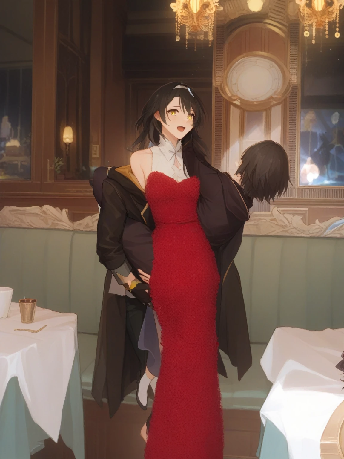 score_9, score_8_above, score_7_above, score_6_above ,2 girls, several girls, that carries, blush, SMILE, black hair band, gray fur, wide, medium hair, hair band, dress, gloves, Jacket, shirt, Skirt, absurdities, black gloves, black Jacket, black Skirt, that carries person, Firefly \(Honkai: star rail\), high resolution, Honkai: star rail, Honkai \(series\), long sleeves, looking at the viewer, mochiduki, Open mouth, princess carry, purple eyes, simple background, job \(Honkai: star rail\), pioneer \(Honkai: star rail\), yellow eyes
