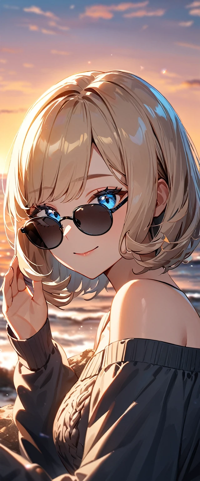 (((One girl))), (((portrait, face))), ((outward curled hair)), from side:1.3, sea, beach, Sunset, evening, ((Sitting on a cliff)), head tilt:1.3, ((aran sweater)), wavy hair, blond hair, ((sunglasses, hand to sunglasses)), (bob cut:1.3)), breasts, standard body, (looking at viewer), oversized clothes, puffy long sleeves, collarbone, ((off-shoulder sweater dress:1.3, Quite thick shoulder straps)), (((sleeves past wrists:1.3))), ((black sweater)), teenager, head tilt:1.3, (((blue eye))), ((happy smile)), (((anime style))), (best quality, 4K, 8K, highres, masterpiece:1.2, ultra-detailed, ultra-detailed eyes, HDR, uhd, studio lighting, ultra-fine painting, sharp focus, physically-based rendering, extreme detail description, professional, vivid colors, bokeh), ((Highest quality, Best image quality, Ultra-high resolution, Ultra-high resolution, solo, Strong eye highlights)), Depth of written boundary, Natural soft light, attractive, Beautiful Face, Cleanliness, Pure Face, Nedium chest, Beautiful Face, Perfect Fingers, Perfect hands, Perfect body, Perfect Face, Shine a light into your eyes, Perfect Anatomy