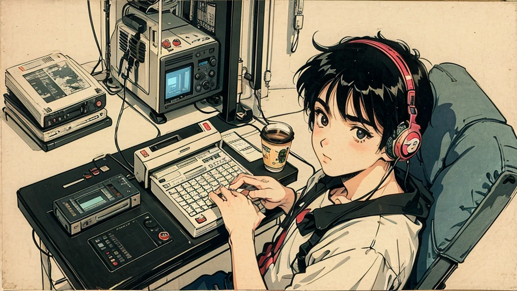 1 boy, 80s anime style, I have headphones on, coffee, Retro, Lo-Fi