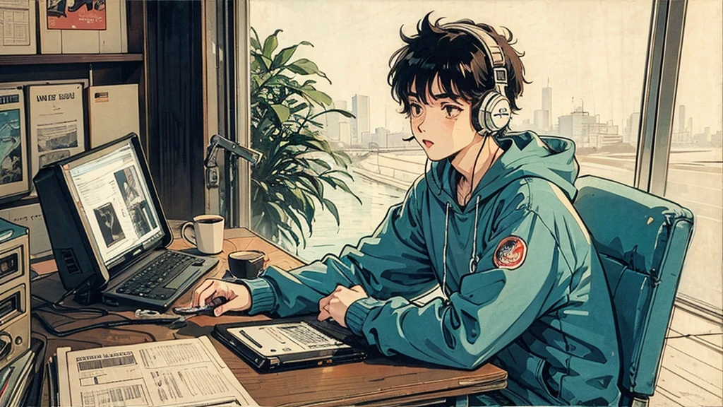 1 boy, 80s anime style, I have headphones on, coffee, Retro, Lo-Fi