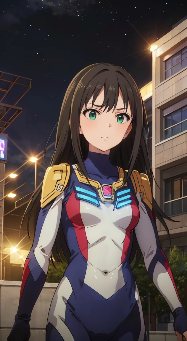 (masterpiece、Highest quality、In 8K、High resolution:1.2)、alone、One Girl、 Rin Shibuya, Anguished expression、Tight clothes、Cowboy Shot、Look at the viewers、Combat Ready、Hero Suit、Bodysuits、Tight suit、(Hmph :1.0), ウルトラマンBodysuituscular、Trained abdominal muscles、Trained biceps、Shining jewel on the chest、(building:1.2)、Night Scenery、Being attacked by the enemy、(execution)Bodysuitsが破けて血が出ている