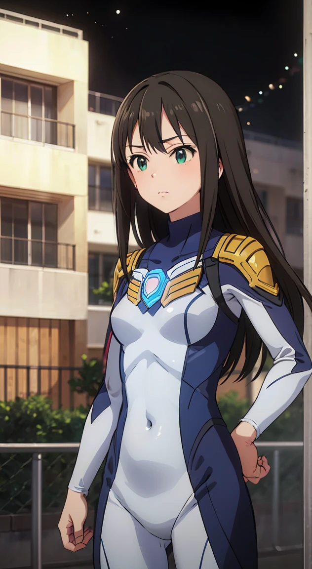 (masterpiece、Highest quality、In 8K、High resolution:1.2)、alone、One Girl、 Rin Shibuya, Anguished expression、Tight clothes、Cowboy Shot、Look at the viewers、Combat Ready、Hero Suit、Bodysuits、Tight suit、(Hmph :1.0), ウルトラマンBodysuituscular、Trained abdominal muscles、Trained biceps、Shining jewel on the chest、(building:1.2)、Night Scenery、Being attacked by the enemy、(execution)Bodysuitsが破けて血が出ている
