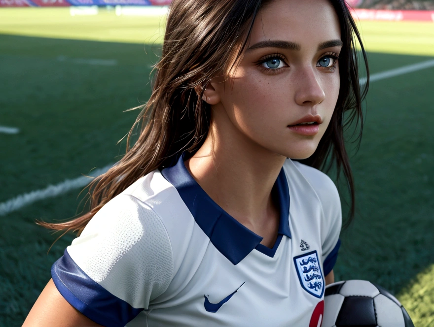 a beautiful soccer player of england,1 girl,detailed face,beautiful detailed eyes,beautiful detailed lips,extremely detailed eyes and face,longeyelashes,soccer uniform,playing soccer on the field,highly detailed,photorealistic,masterpiece,professional,vibrant colors,dramatic lighting,cinematic composition