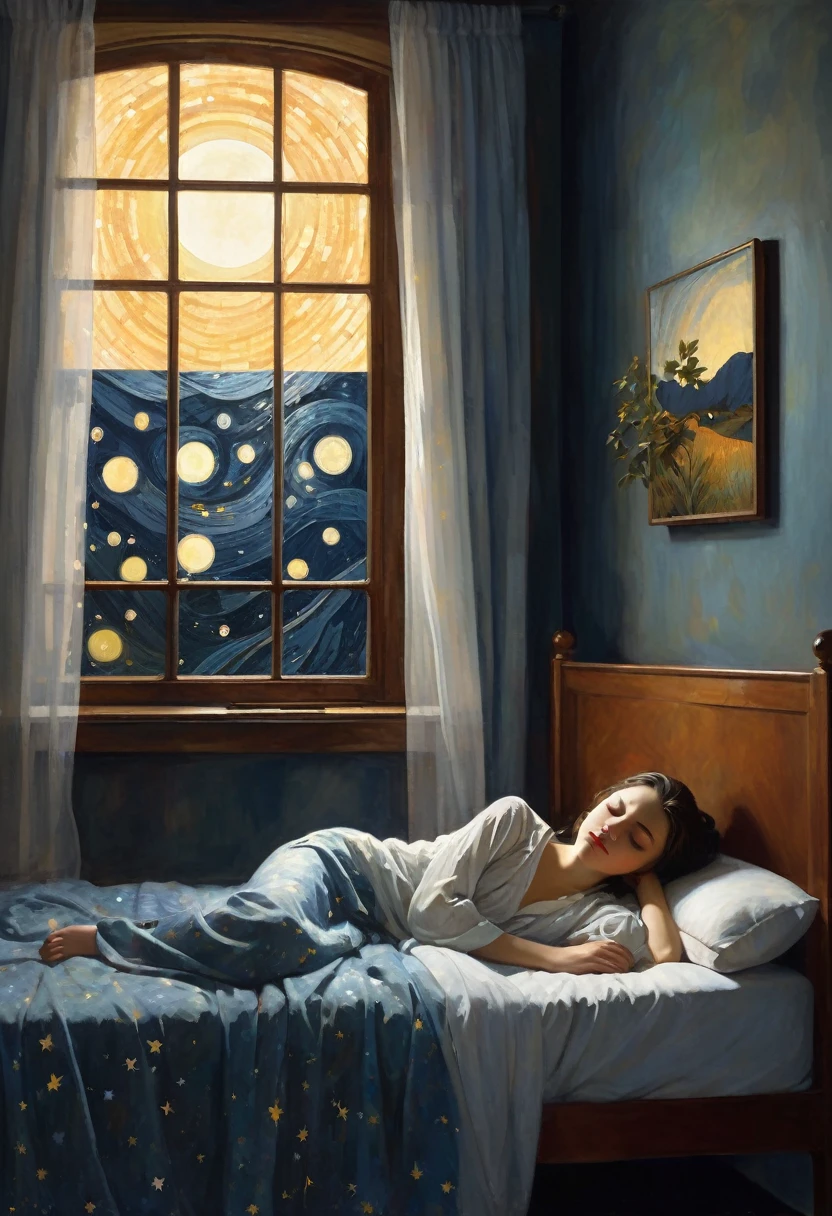 Imagine a soft, soothing illustration of a Beautiful girl was sleeping on a comfortable bed, eyes closed, black pajamas. The room is plunged into darkness, except for soft light emanating from a bedside lamp near the bed, qui jette une lueur chaleureuse sur son visage paisible. Through the half-open window, The Starry Night Stretches Out, full moon, creating a magical contrast between the peaceful interior and the mysterious outside world. Light curtains move slightly with the night breeze, adding a touch of movement to this tranquil scene.