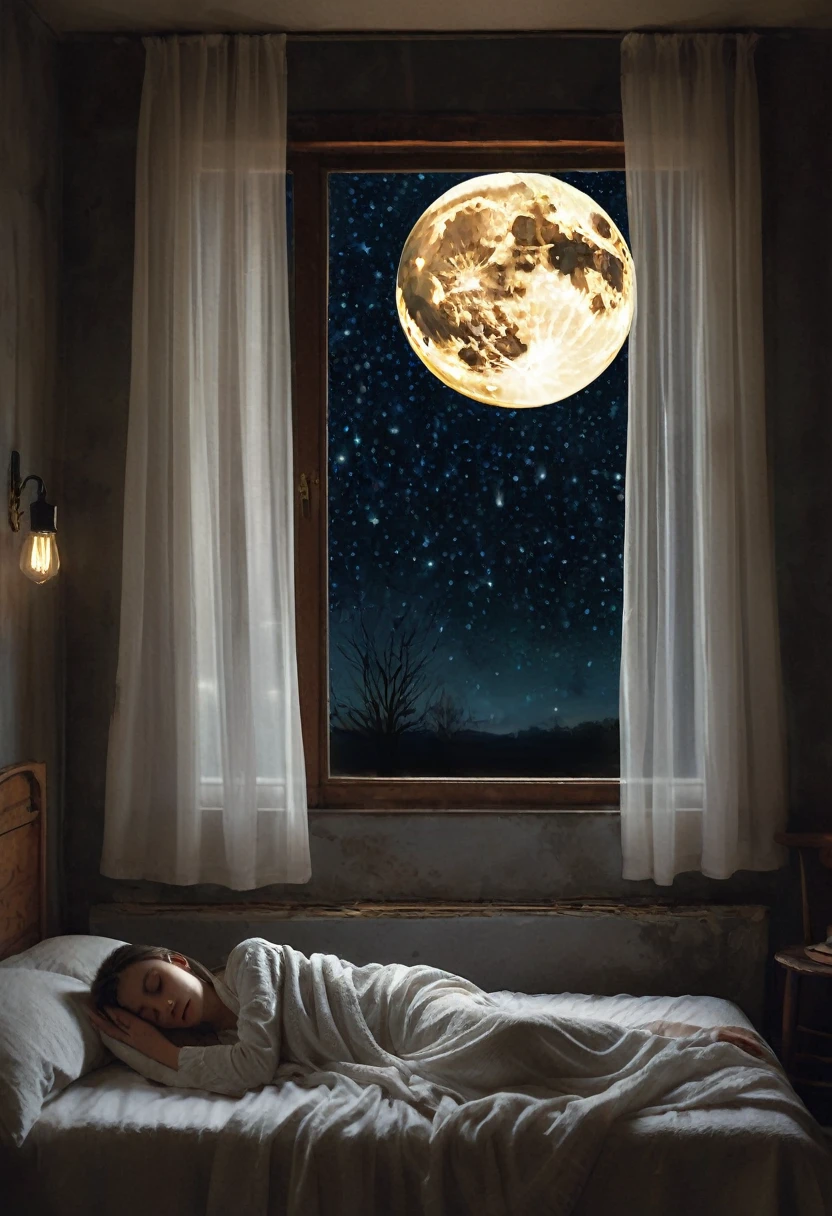 Imagine a soft, soothing illustration of a Beautiful girl was sleeping on a comfortable bed, eyes closed, black pajamas. The room is plunged into darkness, except for soft light emanating from a bedside lamp near the bed, qui jette une lueur chaleureuse sur son visage paisible. Through the half-open window, The Starry Night Stretches Out, full moon, creating a magical contrast between the peaceful interior and the mysterious outside world. Light curtains move slightly with the night breeze, adding a touch of movement to this tranquil scene.